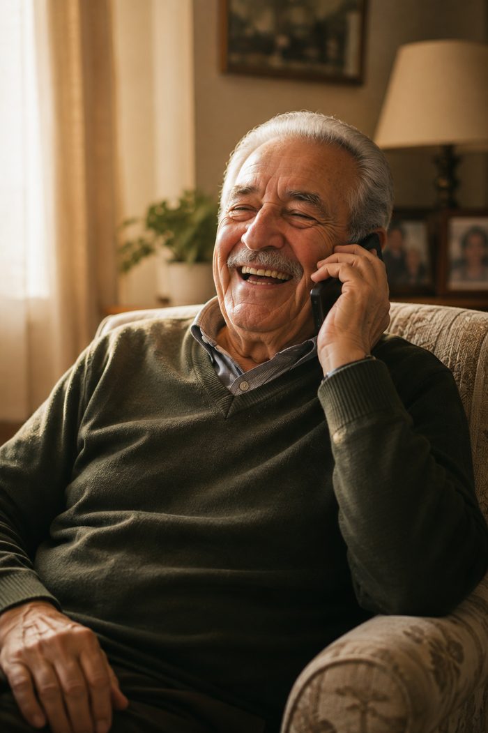 Hombre mayor riendo mientras habla por teléfono