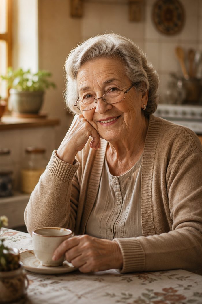 Mujer mayor con gafas, sonriente