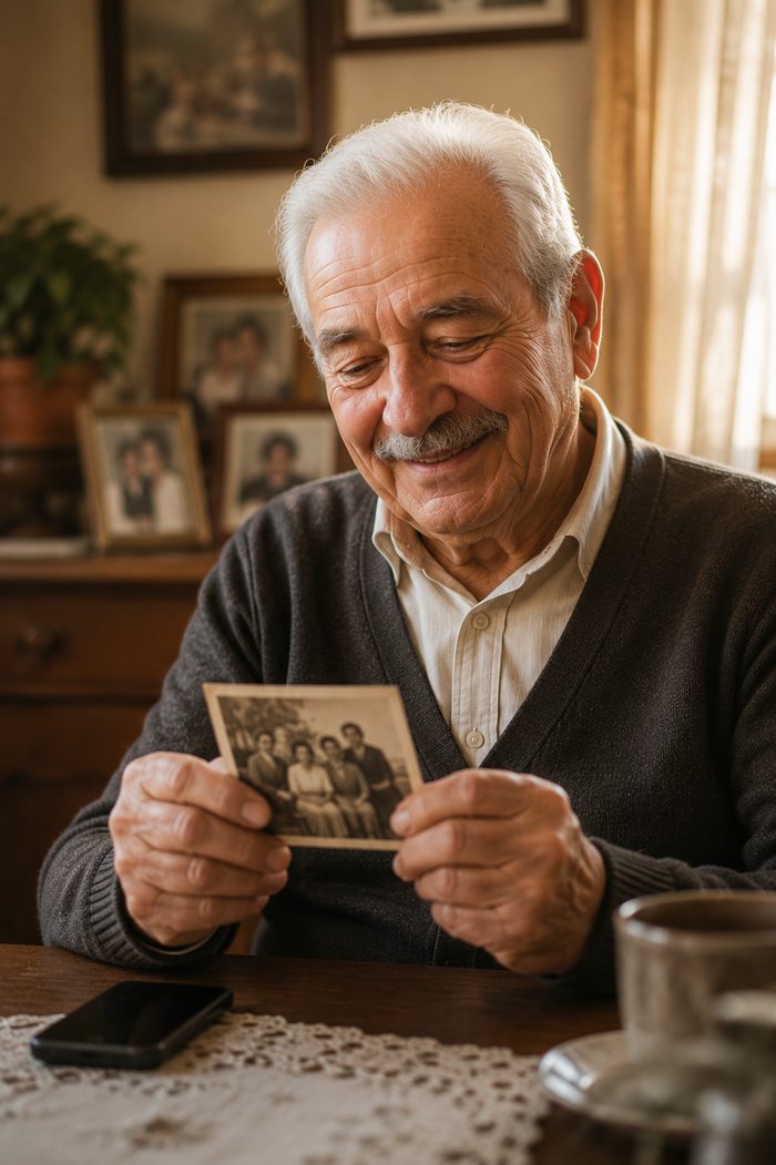 Hombre mayor recordando con una foto antigua