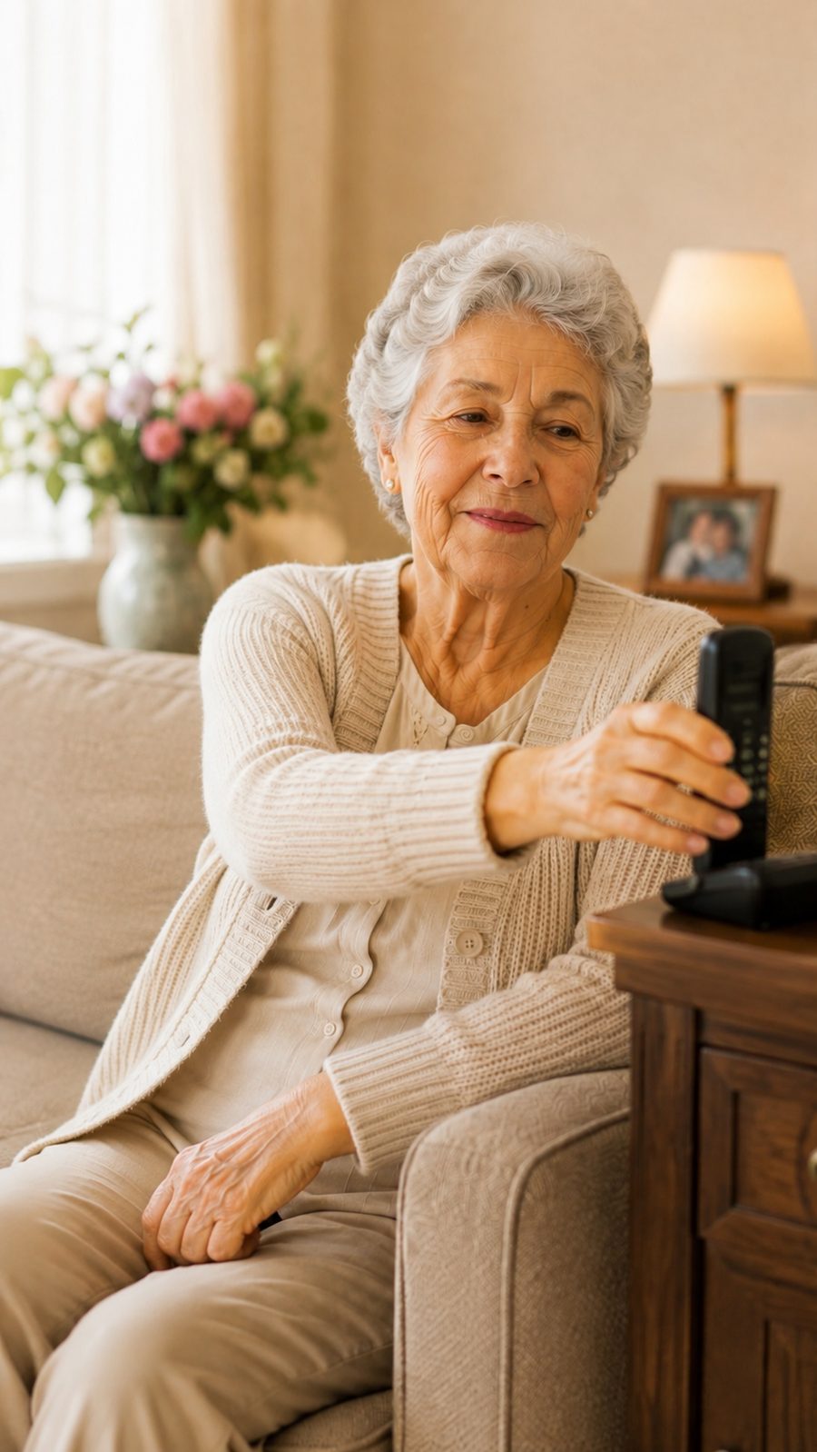 Mujer mayor alcanzando el teléfono