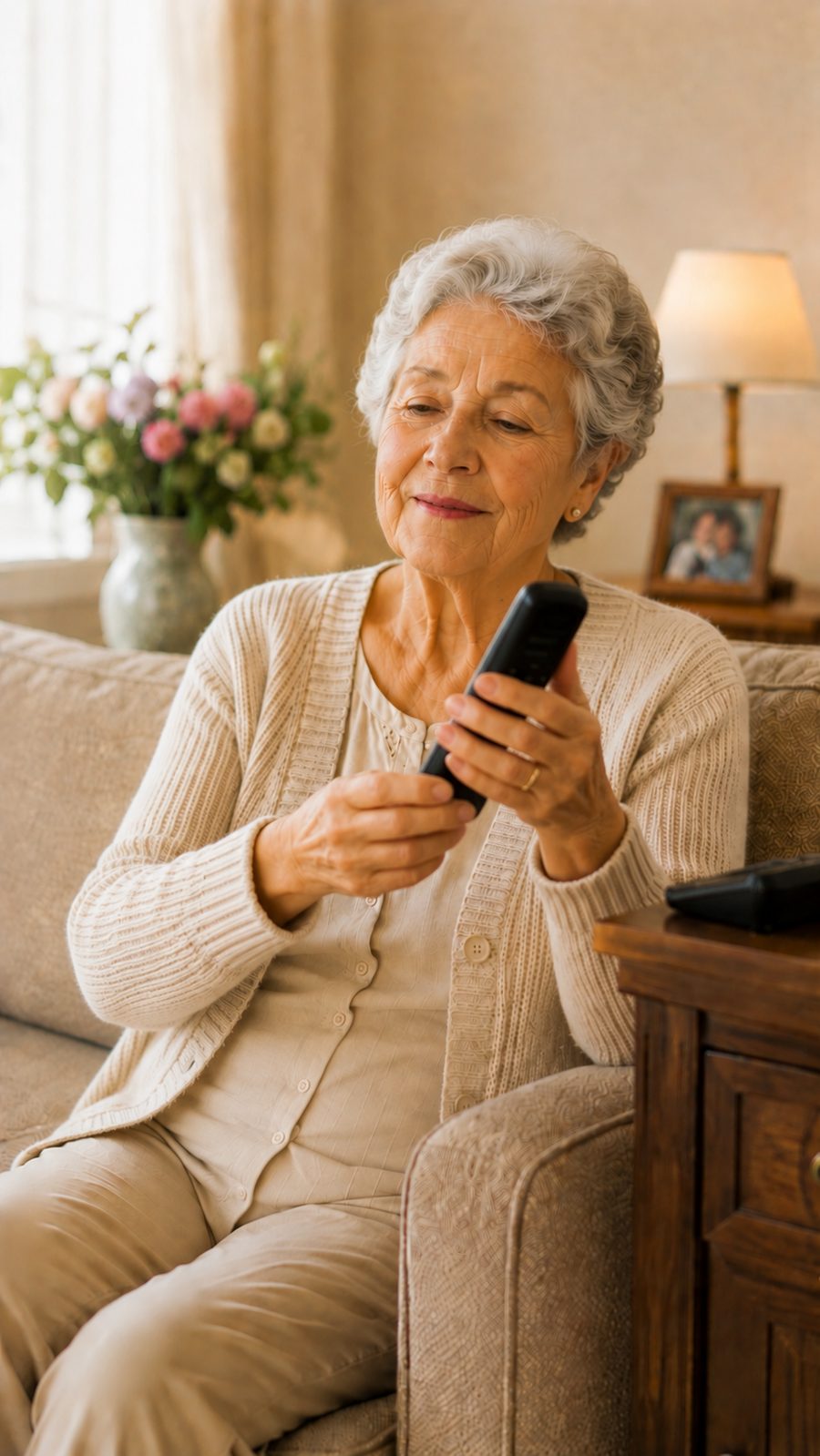Mujer mayor levantando el teléfono hacia la oreja