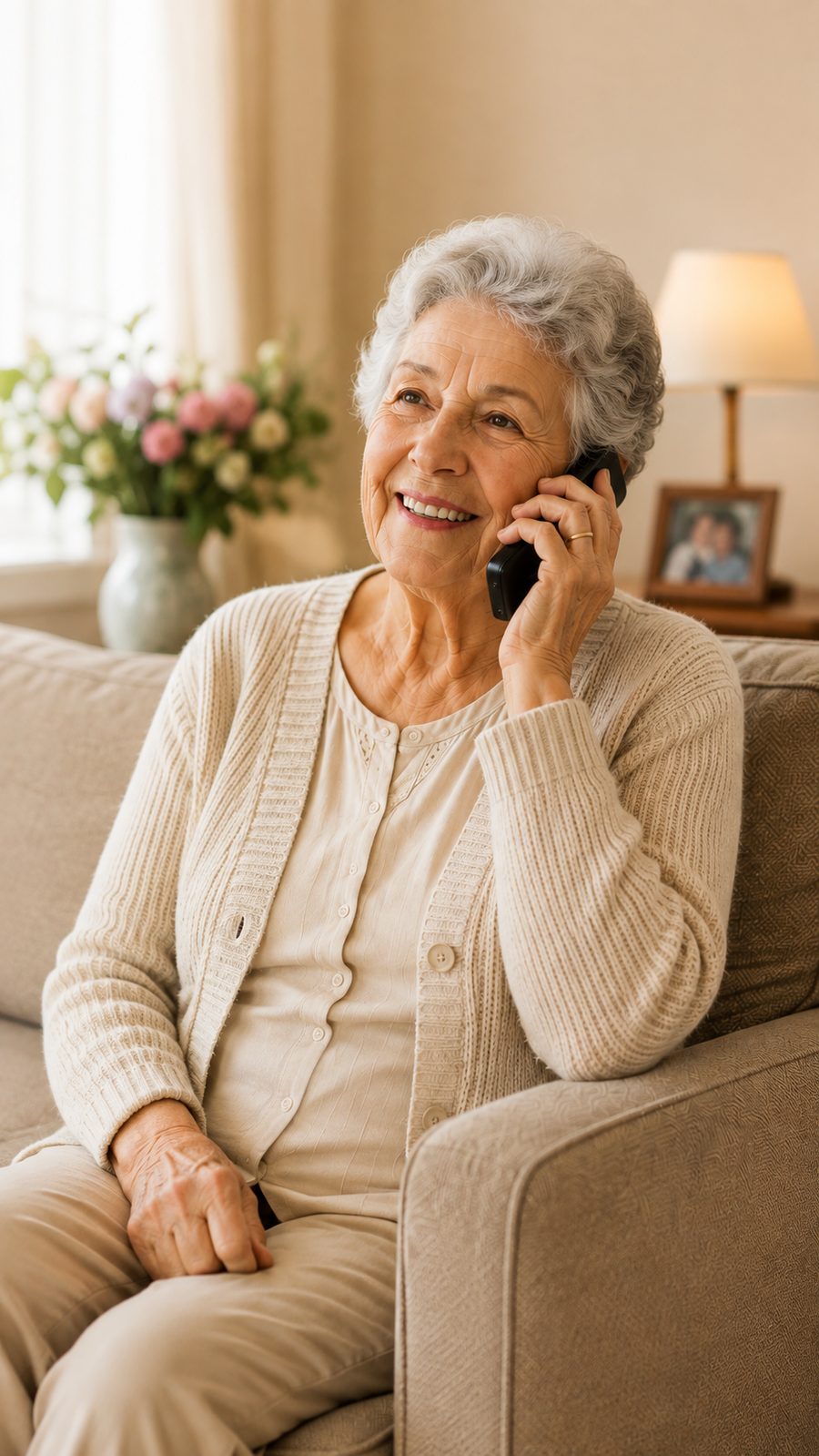 Mujer mayor sonriendo mientras habla por teléfono