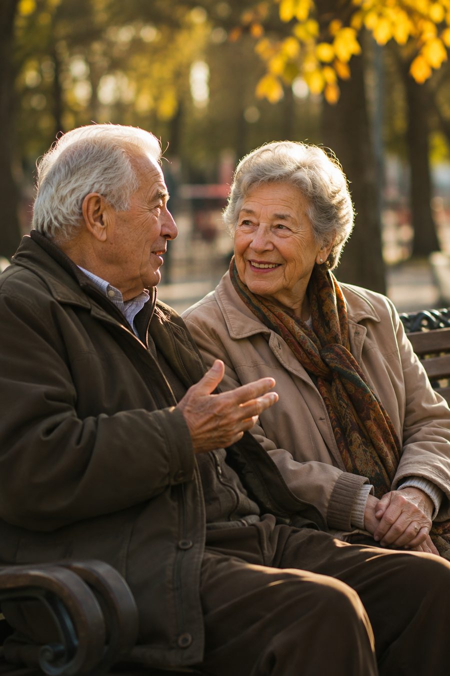 Pareja mayor sentada charlando en un banco